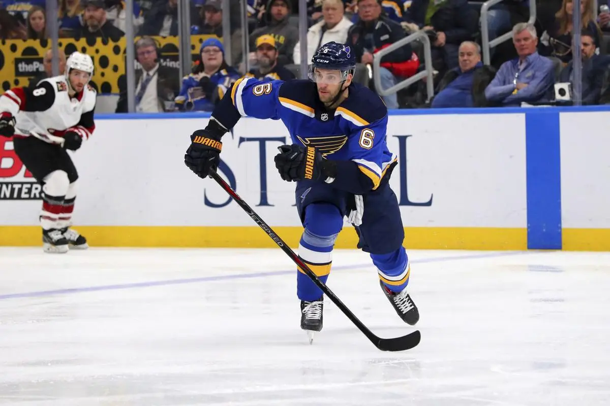 NHL player Marco Scandella playing hockey for the St. Louis Blues